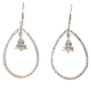 Christmas Antique/Hammered Silver  Tree Drop Earrings -Hoops